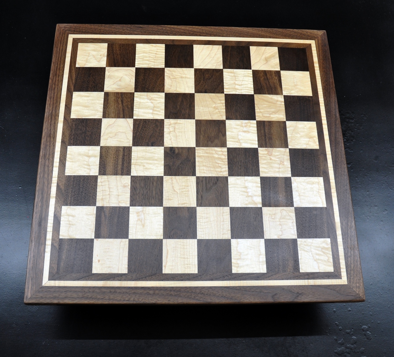 Sweet Hill Wood Chess Boards. Walnut and Maple Chess Board - 3 inch squares  - curly maple accent frame